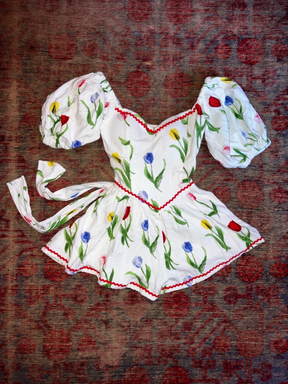 Fashion Brand Company limited edition tulip print linen Romper with Rickrack